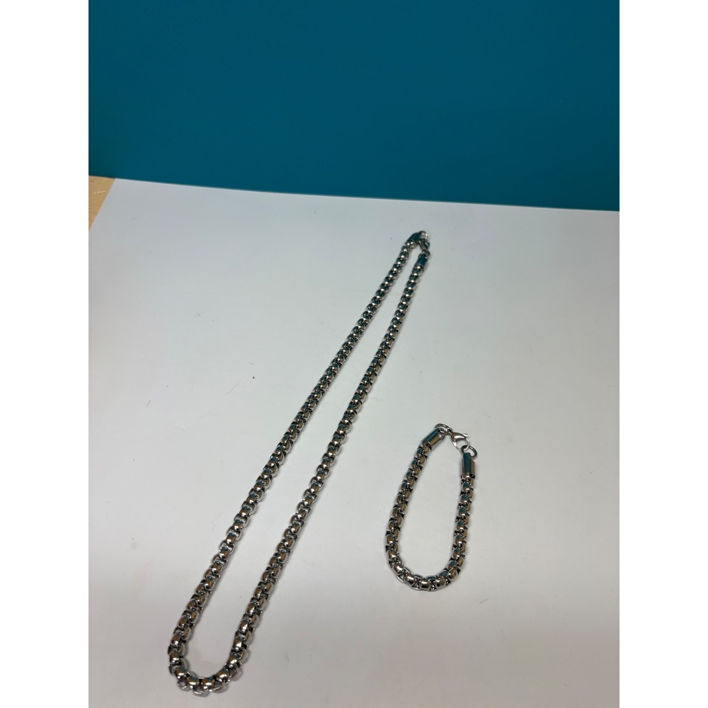 Silver Box Chain Necklace‎ and Bracelet Set Stainless Steel  24in 8.5in